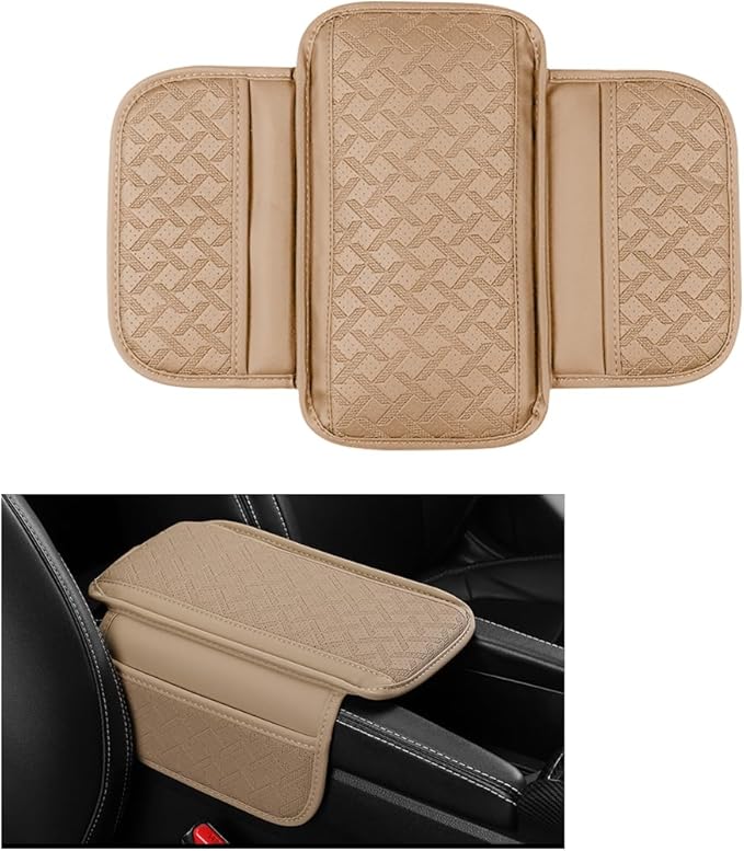 Car Center Console Cover, Microfiber Leather Vehicle Armrest Protector Cushion with 2 Storage Bags, Auto Middle Console Armrest Seat Box Pad Accessories, Universal for Most Cars (Beige)