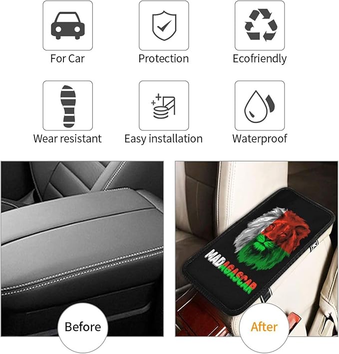 Vintage Madagascar Madagascan Flag Lion Head Auto Center Console Armrest Cover Car Handrail Box Cushion Pad Mat Universal Fit Most Vehicle Sedan Truck SUV Soft Comfort Decor Accessories
