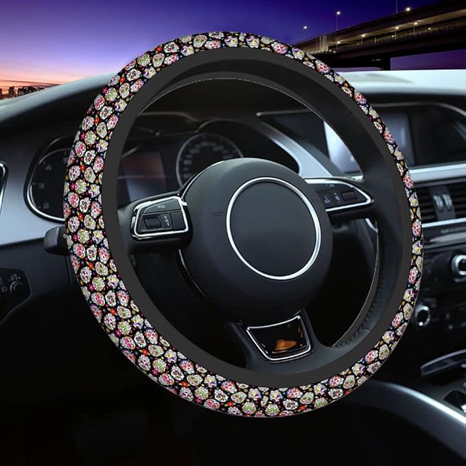 Swono Day of The Dead Sugar Skull Universal Neoprene Steering Wheel Cover Colorful Sugar Skull and Flower 15 Inch Steering Wheel Covers,Printed Steering Wheel Elastic Protection for Women and Girls