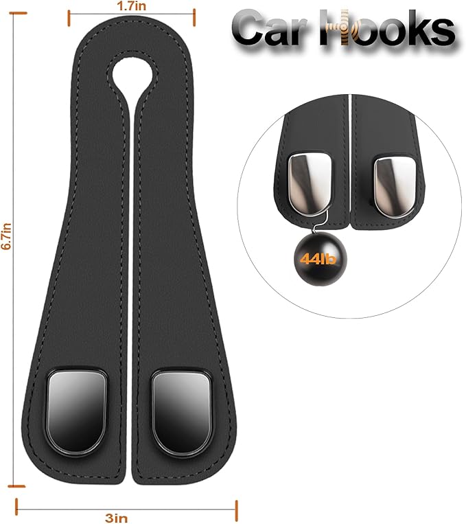 2 Packs Car Seat Hooks, Leather Car Headrest Hook, Car Purse Hook Seat Back Hanger Storage Organizer, Car Hook for Purses and Bags(Black)