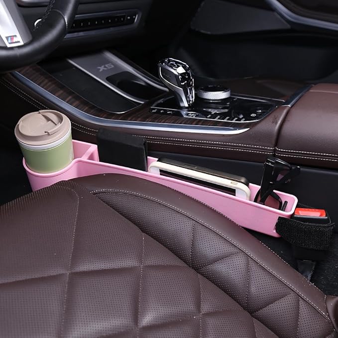Car Seat Gap Filler, Multifunctional Seat Side Gap Filler with Cup Holder & Organizer, Gap Stopper Universal Fit Car SUV Truck Fill The Gap Between Seat & Console Set of 2 (Pink)