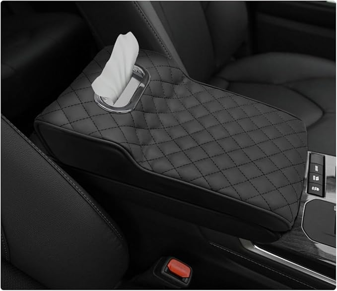Car Center Console Cushion Pad, Comfy Leather Foam Car Armrest Console with Tissue Box, Universal Waterproof Car Armrest Cover with Height Increase, Car Armrest Accessories (Black)