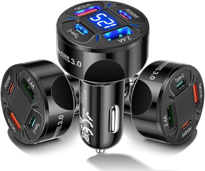 Multi Port USB C Car Phone Charger Adapter with Voltmeter, 4 in 1 100W Fast Charging Cigarette Lighter USB Charge for iPhone 16 15 14 13 12 11, Android, Samsung, iPad Pro (Black)