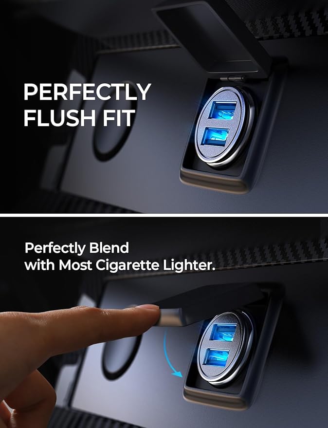 AINOPE Car Charger Adapter【Smallest Metal】 4.8A Cigarette Lighter USB Car Charger Adapter Dual Port 12V USB Outlet Flush Fit for iPhone 16 Pro Max/15/14 iPad Air Samsung Galaxy S25 S24 Ultra,Black