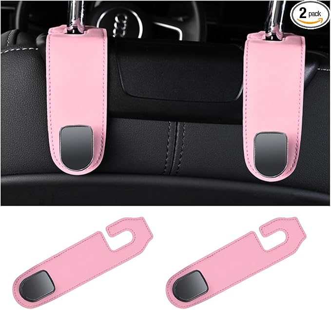 2PCS Car Headrest Hook, Leather Automotive Back Seat Hanger Holder Hooks Storage Organizer for Purse Drink Grocery Bag Coat Handbag, Vehicle Organization Accessories, Universal Fit（Pink）