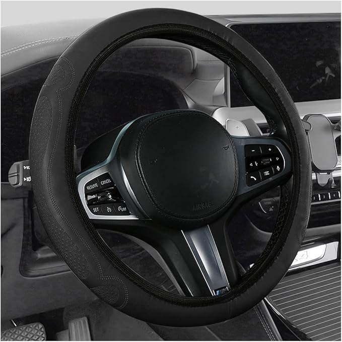 Car Steering Wheel Cover, 15 Inch Leather Soft Elastic Stretch Anti Slip Auto Steering Wheel Wrap Guard, Breathable Vehicle Interior Accessories, Universal for SUV RV Truck (Black)