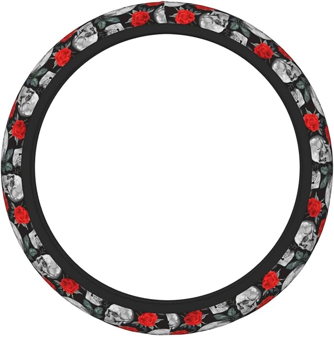 Skull Red Rose Steering Wheel Cover for Women Men Girls, Car Accessories Decor Thickened Anti-Slip Auto Steering Wheel Covers Protector Universal Fit 15 Inch for Cars, Truck, SUV