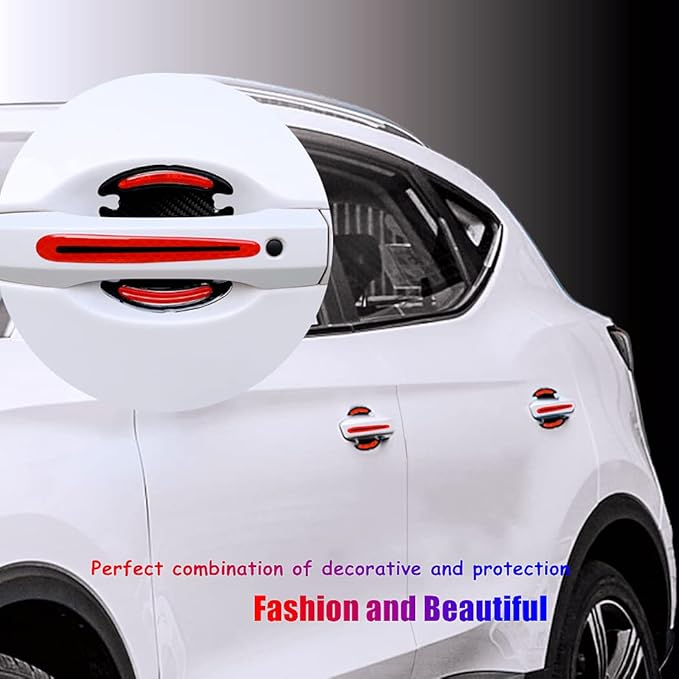 8pcs Universal Carbon Fiber Texture Car Door Handle Scratch Protector Cover - Reflective Stickers (Red)
