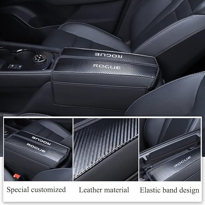 XITER 1PC Leather Center Console Armrest Cover with Side Pockets for Nissan Rogue 2021 2022 2023 2024 2025 2026 Accessories(Carbon Fiber+Black)