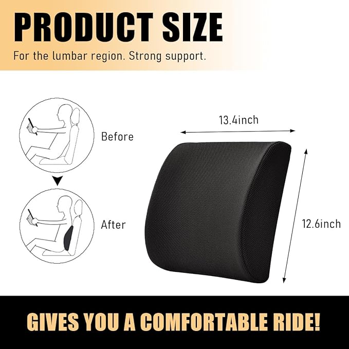 Lumbar Support Pillow, Memory Foam Back Support Cushion, Lumbar Pillow Improving Sitting Posture & Back Pain Relief Suitable for Car, Office Chair, Car Accessories (Black)