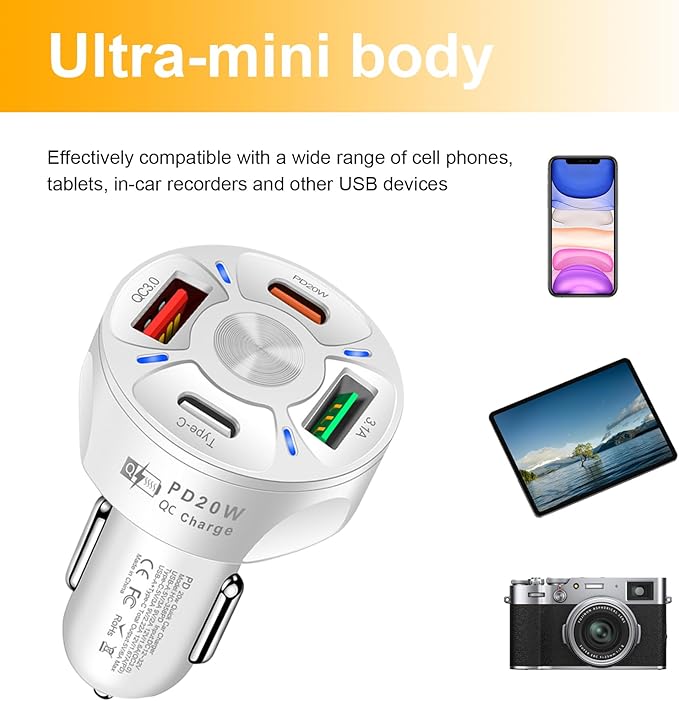 Augeny 4 Ports Car Fast Charging Charger Cigarette Lighter Adapter, Super Fast Auto Charging Cigarette Lighter Plug with QC 3.0, PD 20W, Type C, 3.1 A, Vehicle Phone Charger for Car SUV(White)