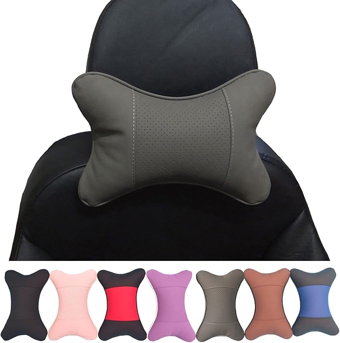 Thomakoo Car Neck Pillows 2pcs Pack Car Headrest Pillow Pu Leather Car Cervical Pillows for Traveling Car Pillows Filled by Fiber (Gray)