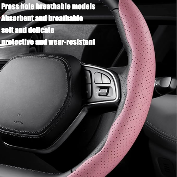LoyaForba Car Steering Wheel Cover, Universal 15 Inch Leather Segmented Auto Steering Wheel Protector, Anti-Slip and Soft Breathable, Car Interior Accessories for Most Vehicle, SUV, Truck (Pink)