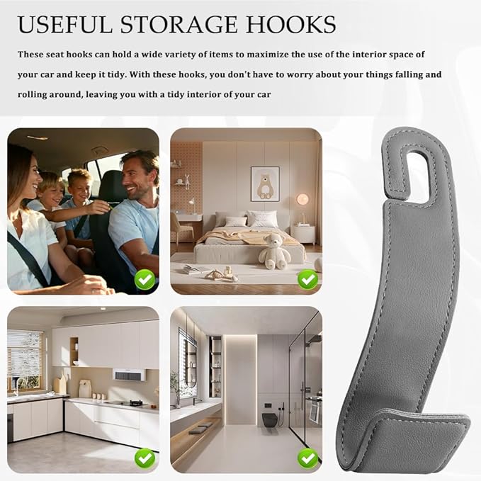 1PCS Purse Holder for Car, Purse Hook for Car, Leather Headrest Hooks for Automotive Back Seat, Auto Accessories Back Seat Organizer Hook for Grocery Bag Handbag Coat (Grey, 1PCS)