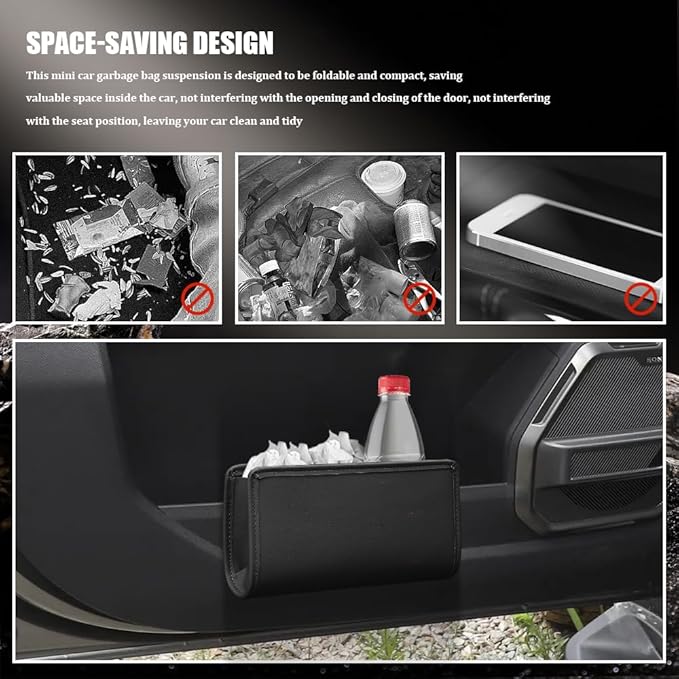 Car Trash Can, Leather Vehicle Trash Bin, Car Dustbin Garbage Organizer Holder, Universal Interior Accessories Foldable Hanging Mini Cars Storage Bag Container Fits for Car, Home (Black)