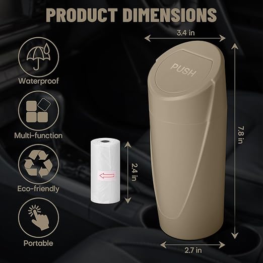 SGLRT Car Trash Can Bin with Lid - Car Garbage Can Cup Holder - Beige Mini Leakproof Vehicle Trash Garbage Can Bin with 20pcs Trash Bags-Car Organizers and Storage for Front Back Seat Accessories