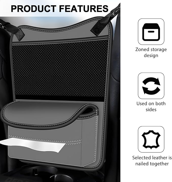 Car Organizer Storage Between Seats, Nappa Leather Large Capacity Vehicle Hanging Handbag Holder for Document Phone, Auto Interior Console Organizer Pocket, Universal Fit (Gray)
