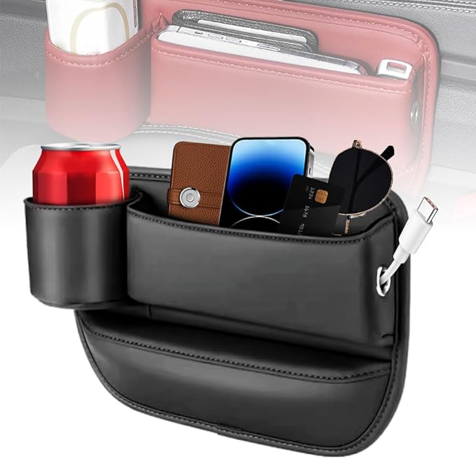 Seat Gap Storage Box, car seat Gap Filler Manager with Cup Holder and Charging Hole, car seat Manager, Leather Cup Holder Gap Bag (Main Driver-Black)