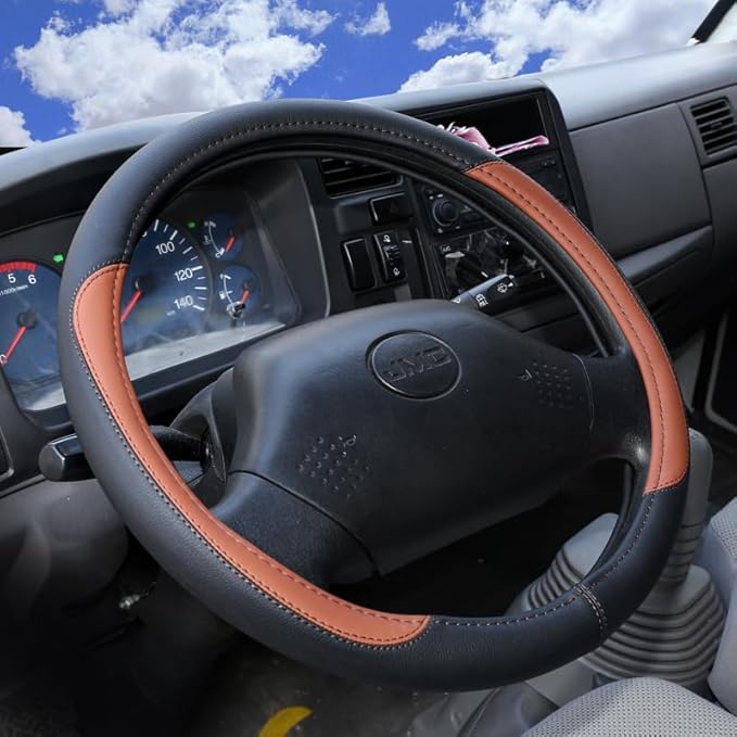 Product Truck Steering Wheel Cover PU Leather Anti Slip Anti Rub Four Season Universal 16 17 18 19inch (Black Brown, 17inch)