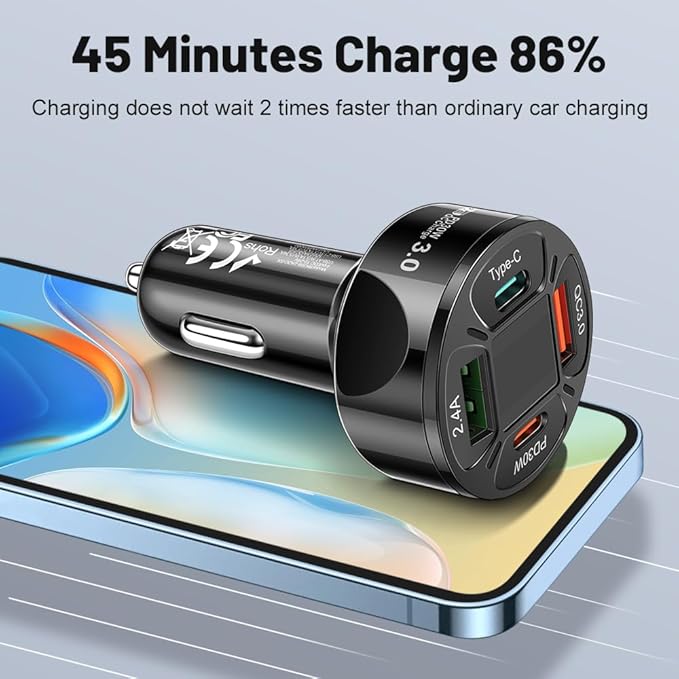Multi Port USB C Car Phone Charger Adapter with Voltmeter, 4 in 1 100W Fast Charging Cigarette Lighter USB Charge for iPhone 16 15 14 13 12 11, Android, Samsung, iPad Pro (Black)