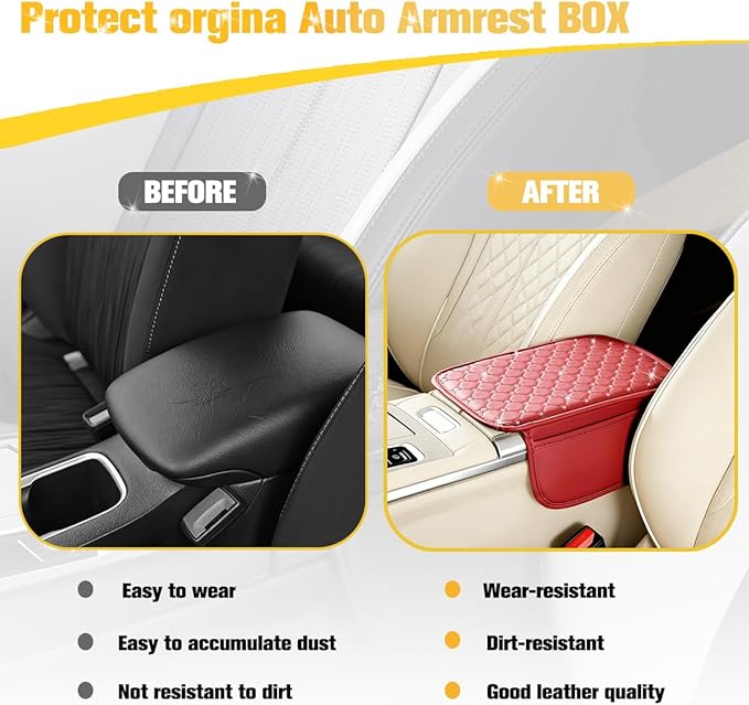 Car Center Console Cover, Leather Vehicle Armrest Storage Box Protector with 2 Storage Bags, Automotive Interior Middle Console Cushion Pad, Universal for SUV Sedan Truck (Wine Red)