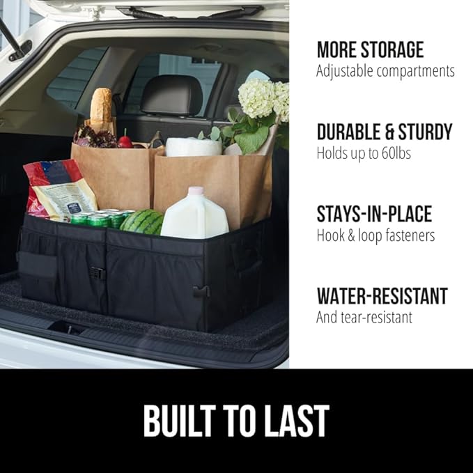 GORILLA GRIP Large Capacity Sturdy Trunk Storage Organizer, Slip and Water Resistant Collapsible Organization Container for Car Sedan or SUV, Multi Compartment Box Vehicle Accessories, 2 Pack, Black