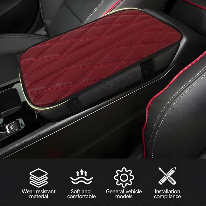 Car Center Console Cushion Pad, Leather Waterproof Vehicle Armrest Seat Box Cover, Comfortable Automotive Interior Arm Rest Protector Accessories, Universal for SUV, Sedan, Truck (Wine Red)
