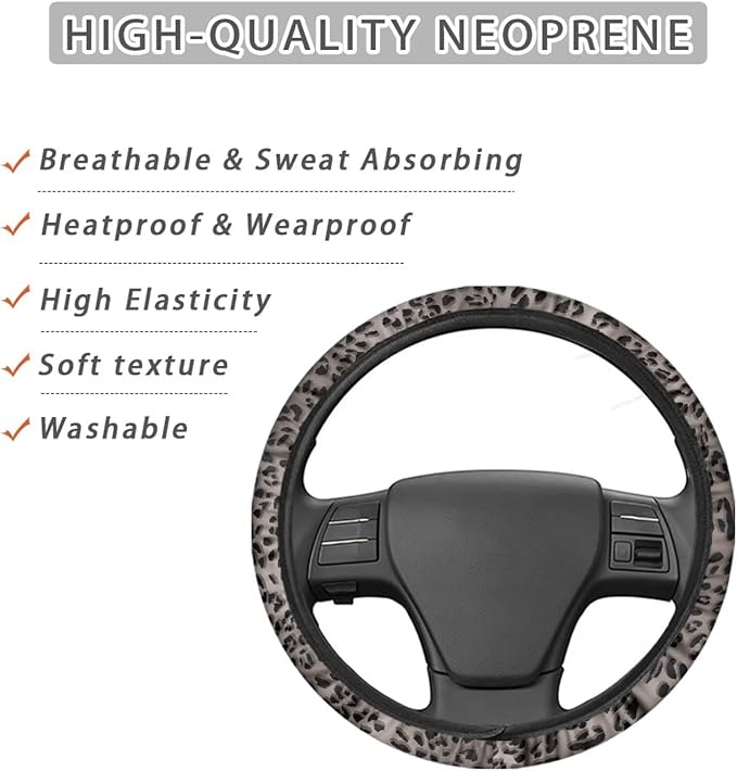 Universal Non-Slip Steering Wheel Cover, 15-inch Polyester Material Driving Accessories, Adjustable for Car and Truck(Vintage Charcoal Leopard)