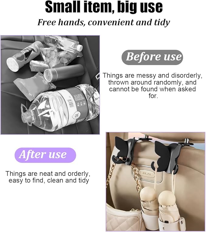 2PCS Car Seat Headrest Hook, Cute Butterfly Backseat Storage Hanger Organizer for Purse Handbag Umbrella, Auto Interior Seat Back Hook Holder Decor, Universal for SUV Truck Van (Black)