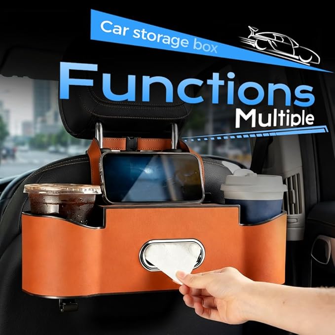 3-in-1 Car Backseat Organizer, Upgrade Seat Back Storage Box with Cup Holder & Hooks, Holds Phones Snacks Drinks Handbags for Tidy Car (Brown)