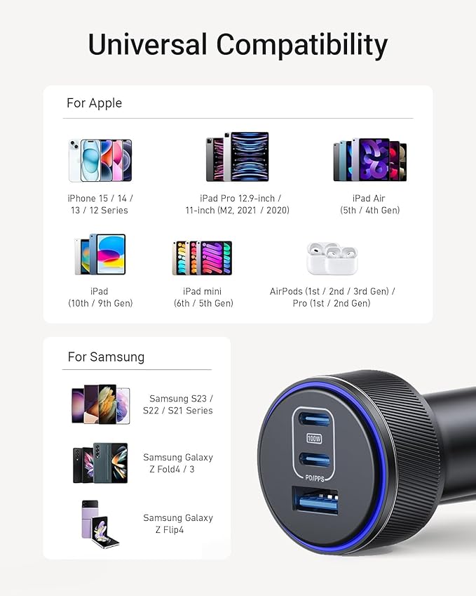 USB-C Car Charger for iPhone 17, 167.5W Max 3-Port Type-C Fast Charging Cigarette Lighter,Charger Adapter for iPhone 17/16/15/14/13,Samsung S24/S23/S22,Pixel,iPad Air,AirPods,Android
