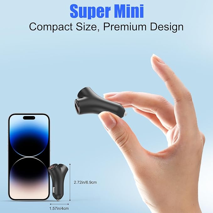Mini USB C Car Charger, Bifurcated 4-Port Dual PD 30W & QC 18W Phone Car Charger Fast Charging Cigarette Lighter Adapter for iPhone 16 15 14 13 Pro Max, iPad, Samsung S24 S23 S22, Pixel 9 8, Android