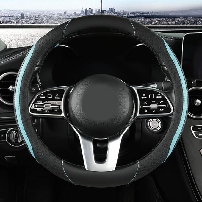 Car Steering Wheel Cover, Leather Steering Wheel Cover Blue Universal 14.5-15 Inch Microfiber Leather Anti-Slip Breathable Auto Steering Wheel Covers for Men Women (Black&Blue)