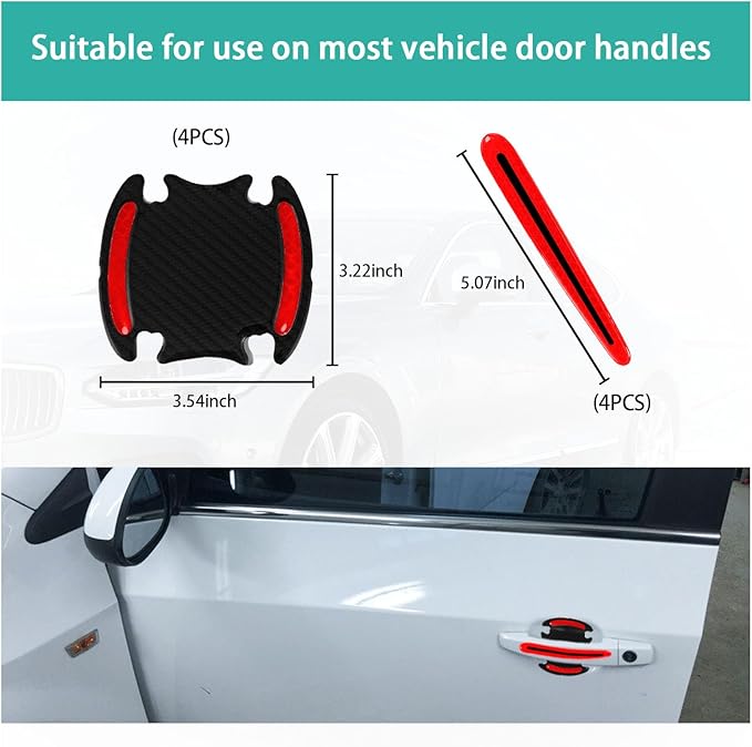 Augeny 8Piece Car Handle Protector Reflective Stickers, Universal 3D Carbon Fiber Auto Handle Paint Guard, Anti-Scratch Bowl Protective Film for Most Cars (Red)