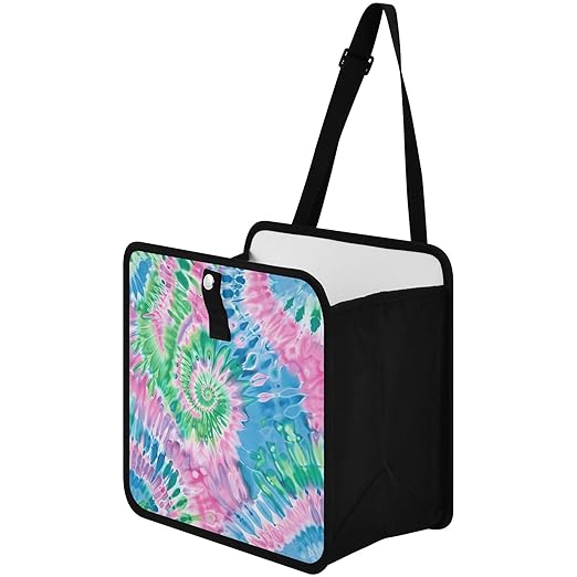 Car Trash Can Organizer Bin with Adjustable Strap for Back Front Seat Console Waterproof Leakproof Collapsible Portable 11 Inch Tie Dye Blue Green Pink