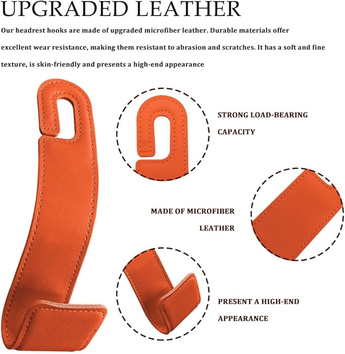 1PCS Purse Holder for Car, Purse Hook for Car, Leather Headrest Hooks for Automotive Back Seat, Auto Accessories Back Seat Organizer Hook for Grocery Bag Handbag Coat (Orange, 1PCS)