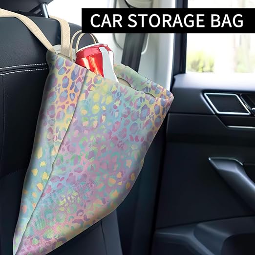 ABUIFDK Car Trash Can, Cute Car Trash Bag, Hanging Car Organizer and Storage Bag, Trash Bin for Car Accessories, Vehicle, Travelling, Camping Cute Colorful Leopard