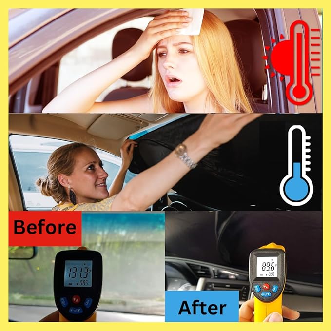 Kinder Fluff Windshield Sunshade | Reflective Patented Car Sun Protection - Certified 99% UVR Block - Cool Interior | Foldable Sun Visor Cover | Automotive Accessories for Summer Heat | Size M 61"x32"