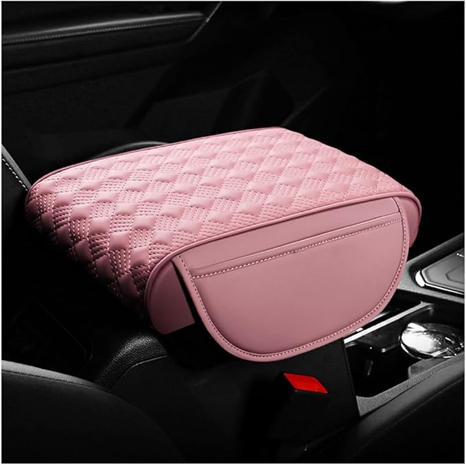 Car Center Console Cover, 12.6"×8.7" Waterproof Leather Auto Armrest Box Protector Elbow Pillow with Storage Pocket, Comfortable Memory Foam Arm Rest Box Cushion Pad, Car Accessories (Pink)