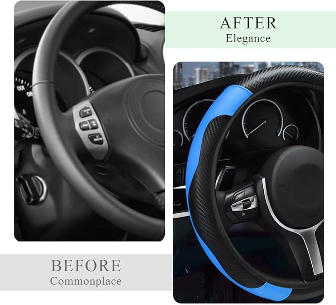 Elastic Steering Wheel Cover - Microfiber Leather Carbon Fiber Protector with Anti-Slip Lining - Black+Blue