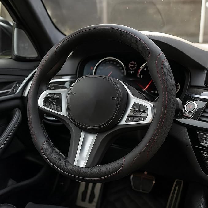 HZEL Car Steering Wheel Cover, 15 Inch Leather Comfortable Vehicle Steering Wheel Protector with Inner Rring, Anti-Slip Automotive Interior Accessories, Universal for SUV RV Truck (Black/Red)