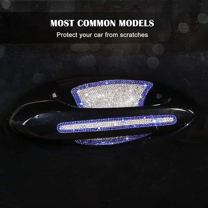 kingsea 8pcs Bling Car Door Handle Protector Stickers,Crystal Rhinestone Glitter Car Door Handles Cup Scratch Protectors Decals Universal (White & Blue)