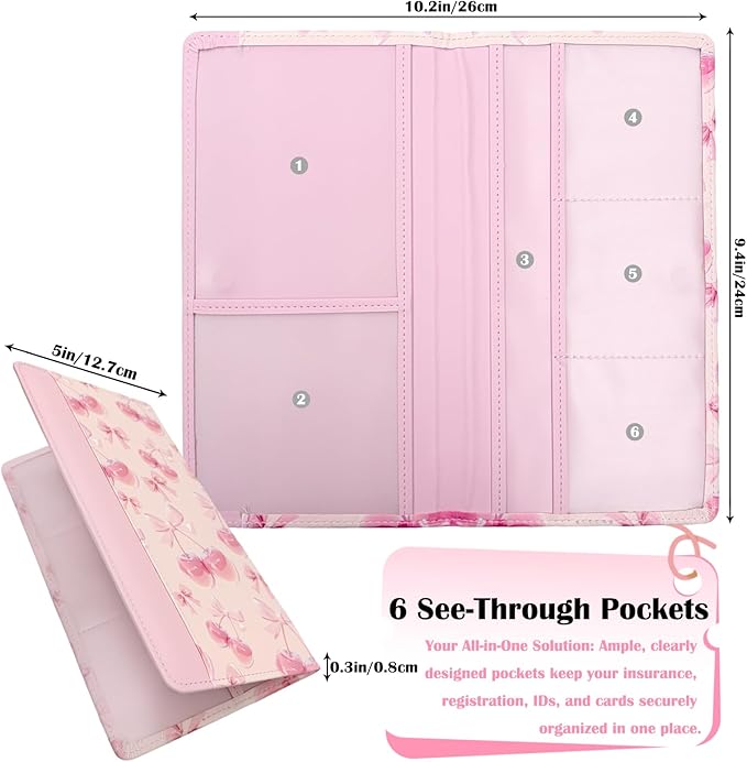 FinestHouse Car Registration and Insurance Holder with Magnetic Closure, Universal Document Organizer for License, Insurance Cards & Glove Box Storage (Cherry-Pink)