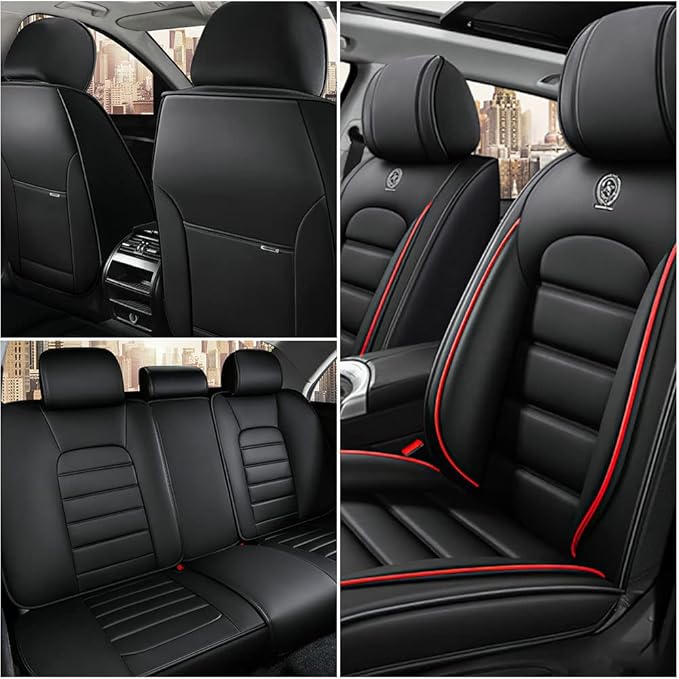 Iceleather Car Seat Covers for Ford Edge 2007-2025,Waterproof Soft Breathable PU Leather Seat Cover with Storage Pockets(Black&Red,Full Set)
