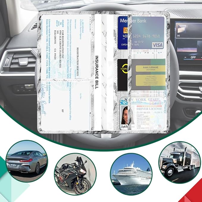 Vehicle Glove Box Car Organizer, Car Registration and Insurance Holder, Insurance Card Holder for Cars, Leather Card Holder Interior Auto Accessories for Women (Marble-White/Large)