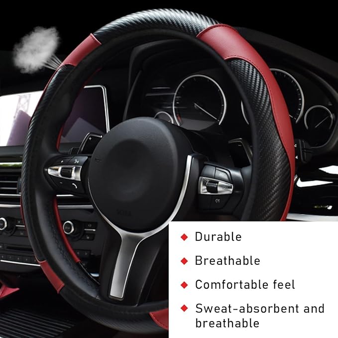 Car Steering Wheel Cover, 15 Inch Leather Breathable Auto Steering Wheel Protector, Comfortable Non-Slip Vehicle Steering Wheel Covers, Universal Interior Car Accessories (Wine Red)