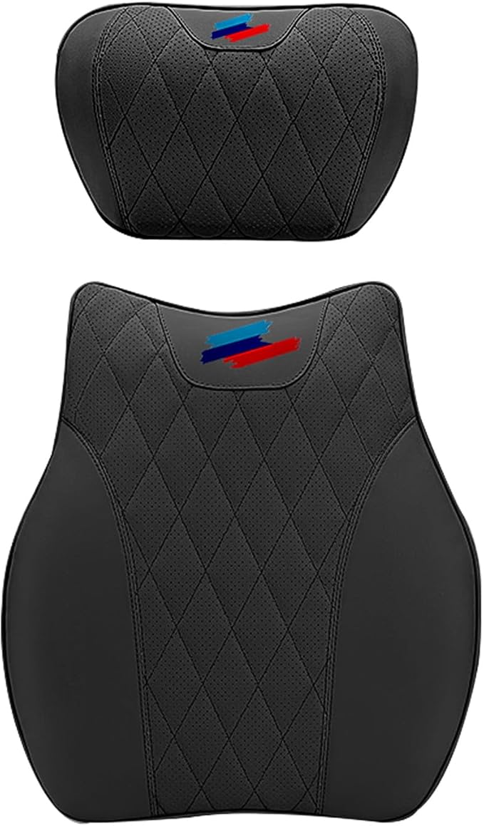 Anti-Stain Nappa Leather Car Neck Pillow for BMW New X3 X5 X2 X4 X1 X6 X7 2 3 4 5 7 Series Seat Headrest Neck Pillow, Soft Memory Foam Headrest with Lumbar Support Accessories (Black-bm-2 pcs)