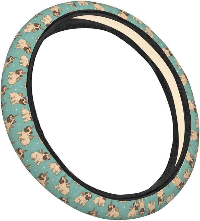 FeHuew Cute Unicorn Pug Puppies Steering Wheel Cover for Women, Girls 15 inch Universal Auto Car Anti Slip Wrap Steering Wheel Covers Fit for Vehicles, Truck, SUV
