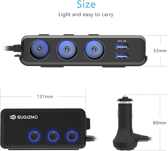 Cigarette Lighter Plug Splitter, 3 Socket 200W Car Cigarette Lighter Adapter USB Charger Extension Cord Multi Port Power Plug 12V/24V Splitter with LED Voltage Display Independent Switches