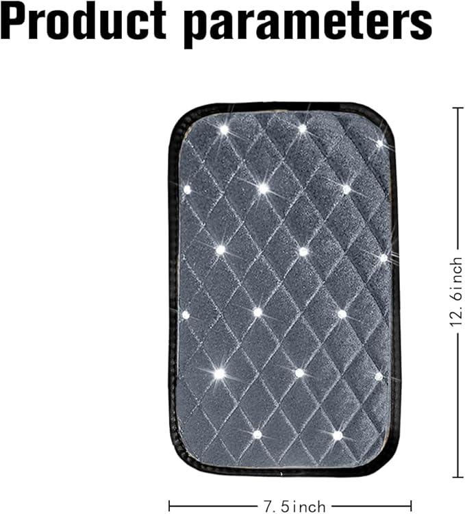 HZEL Bling Car Center Console Cover, Crystal Rhinestone Velvet Soft Vehicle Seat Armrest Box Protector Cushion, Comfortable Diamond Auto Arm Rest Mat Pad, Universal for Truck SUV Sedan (Gray)